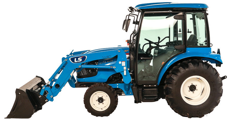 Cat in front of blue LS Tractor 